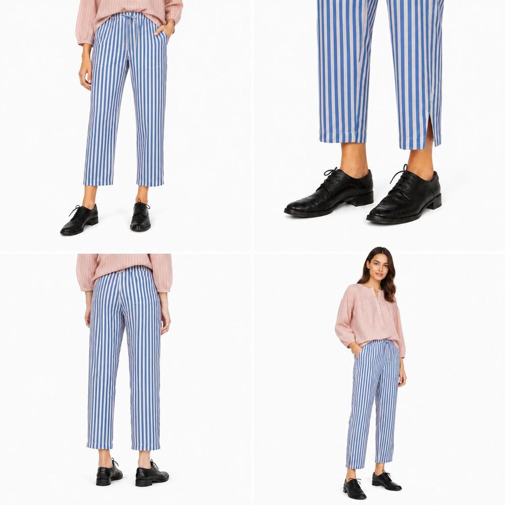 Raquel Allegra Kate Pants 100% Silk French Blue Pink Stripe Drawstring USA Sz 2